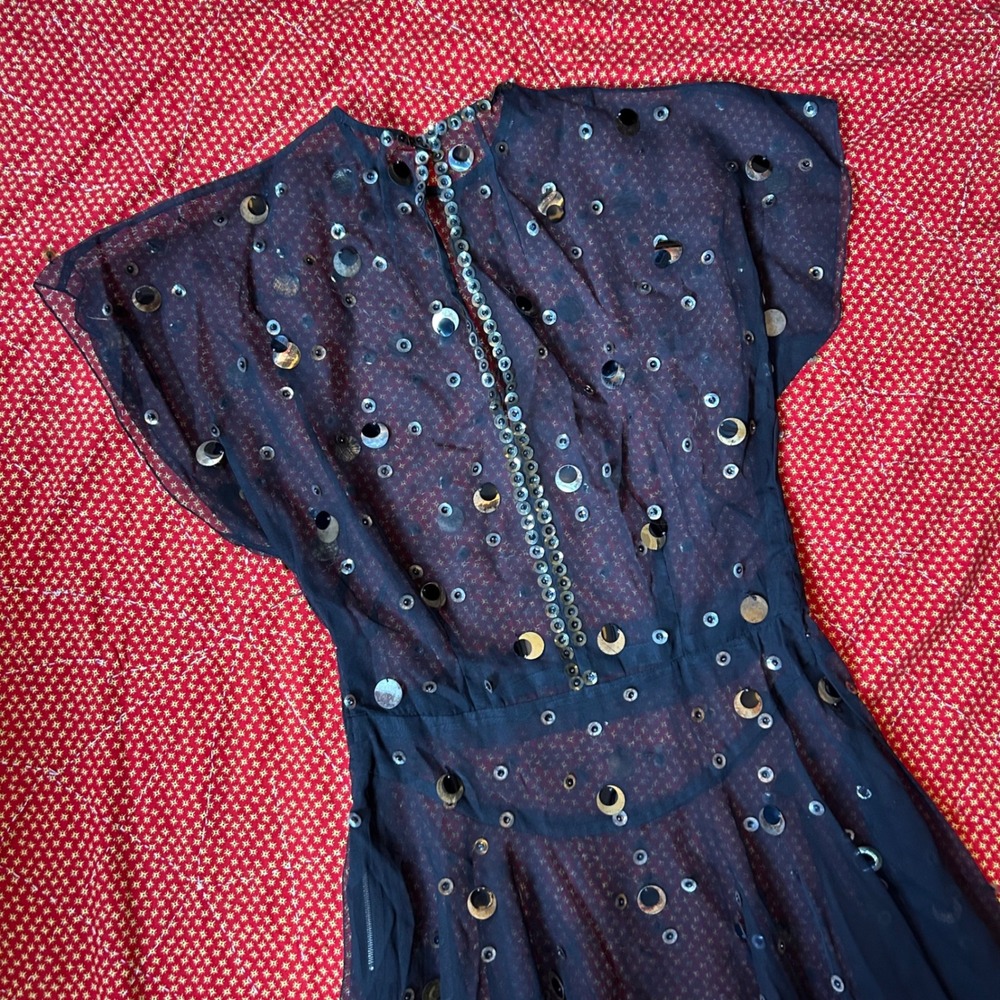 Antique 1940s Dacron art deco sequin sheer black maxi length dress - Picture 3 of 8